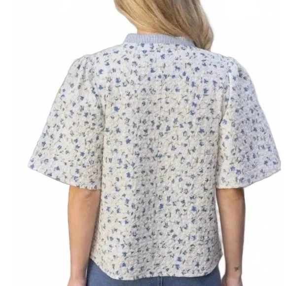 Voy floral Print Women's Top with Orange trim large - Picture 3 of 4